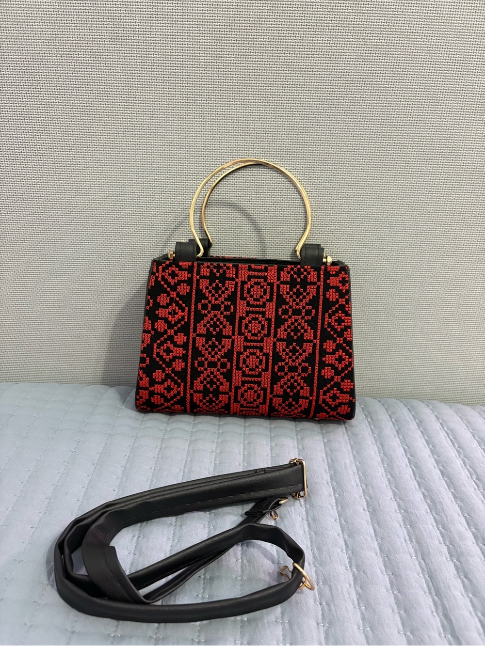 Embroidered Black & Red Patterned Top-Handle Women’s Bag